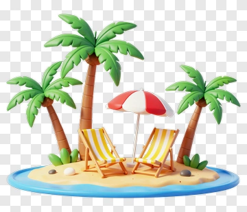 Tropical Beach Scene With Palm Trees And Chairs PNG