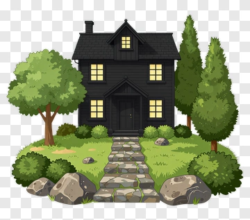 Black House With Stone Path And Greenery PNG