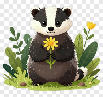 Cute Badger Holding A Yellow Flower PNG