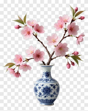 Cherry Blossom In Blue And White Vase PNG