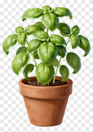 Fresh Basil Plant In Terracotta Pot PNG
