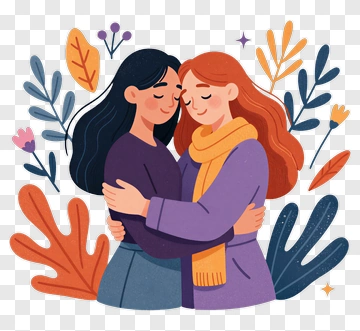 Two Women Embracing In A Colorful Illustration PNG