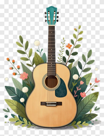 Acoustic Guitar Surrounded By Flowers PNG