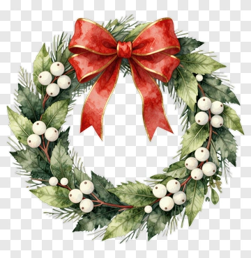 Watercolor Christmas Wreath With Red Bow PNG