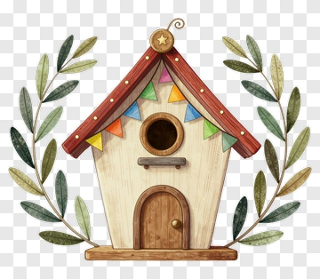 Watercolor Birdhouse With Colorful Flags PNG
