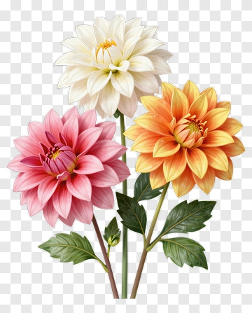 Three Colorful Dahlia Flowers PNG
