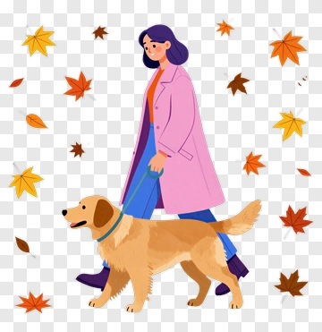 Woman Walking Her Dog In Autumn PNG