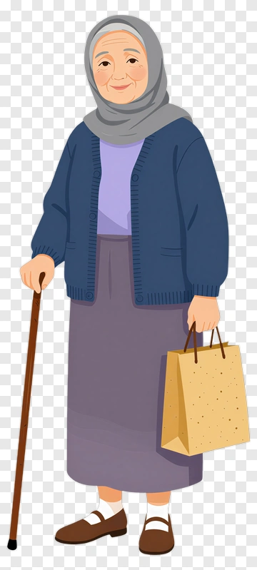Elderly Woman With Walking Cane And Shopping Bag PNG
