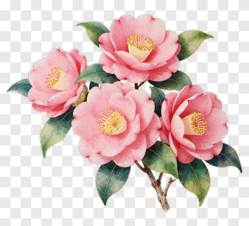 Pink Camellia Blossoms With Green Leaves PNG