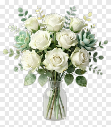 White Roses And Succulents In Glass Vase PNG