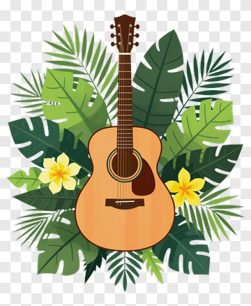 Acoustic Guitar Among Tropical Leaves PNG