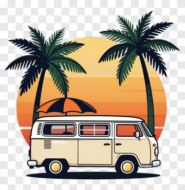 Retro Van With Palm Trees And Umbrella PNG