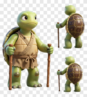 Elderly Cartoon Turtle With Walking Sticks PNG