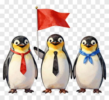 Three Penguins With Red Flag PNG