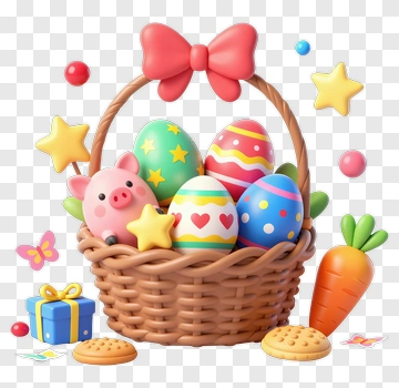 Easter Basket With Pig And Eggs PNG