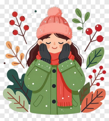 Child In Winter Outfit With Berries And Leaves PNG