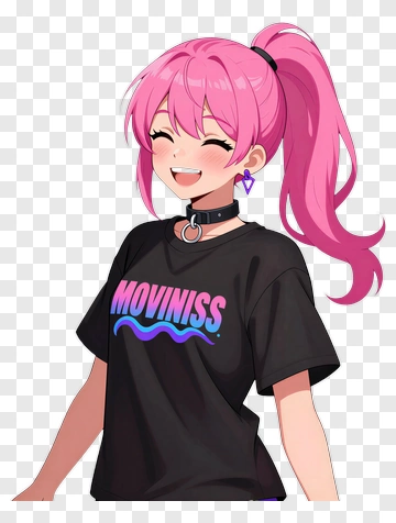 Anime Girl With Pink Hair And Black T-Shirt PNG