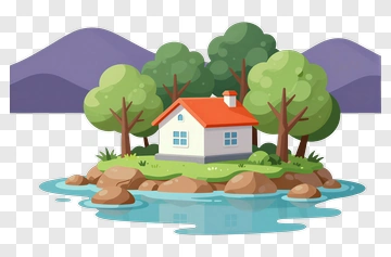 House On A Small Island Surrounded By Trees PNG