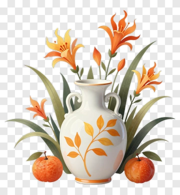 Orange Lily Vase With Fruit PNG