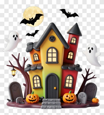 Halloween House With Ghosts And Pumpkins PNG