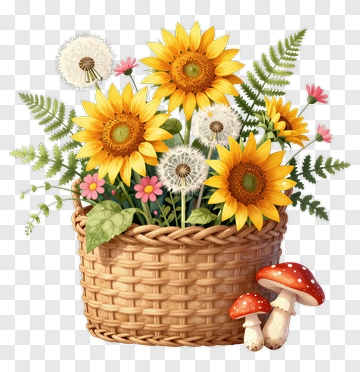 Sunflower And Dandelion Basket With Mushrooms PNG