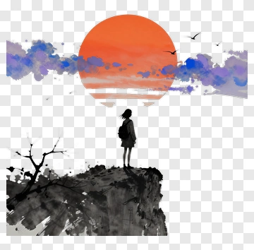 Person Standing On Cliff At Sunset PNG