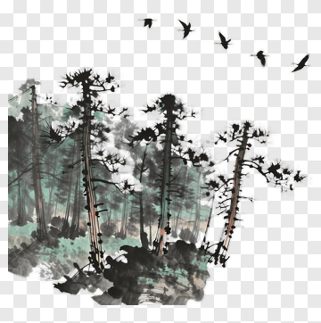 Chinese Landscape With Pine Trees And Flying Birds PNG