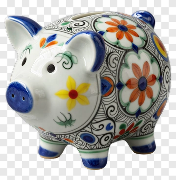 Colorful Ceramic Piggy Bank With Flower Design PNG