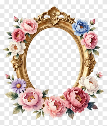 Ornate Gold Frame With Floral Arrangement PNG