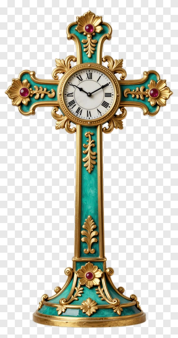 Ornate Cross-Shaped Clock With Gold And Turquoise PNG