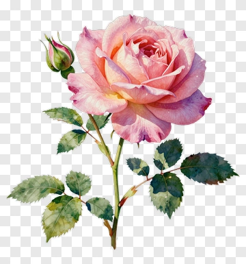 Pink Rose With Bud And Leaves PNG