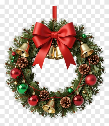 Christmas Wreath With Red Ribbon And Bells PNG