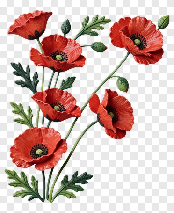 Red Poppy Bouquet With Green Leaves PNG