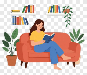 Woman Reading Book On Sofa PNG