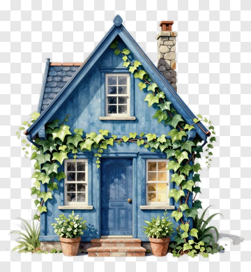 Blue House With Ivy And Potted Plants PNG