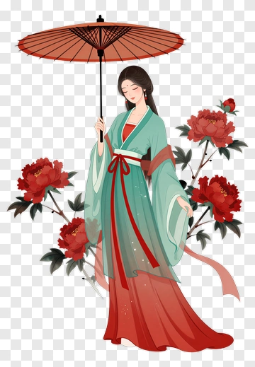 Woman In Traditional Dress With Peony And Umbrella PNG