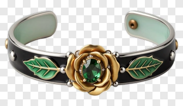 Elegant Cuff Bracelet With Rose And Emerald Design PNG