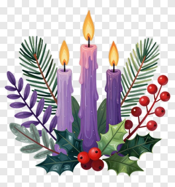 Three Lit Candles With Holiday Greens PNG