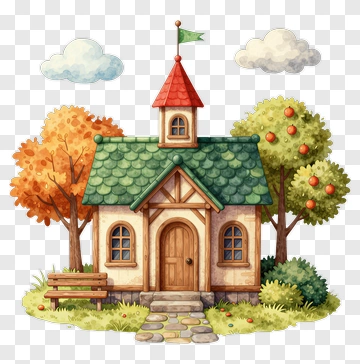 Cozy Cottage With Trees And Bench PNG