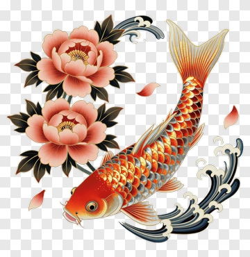 Goldfish With Peony Flower Design PNG