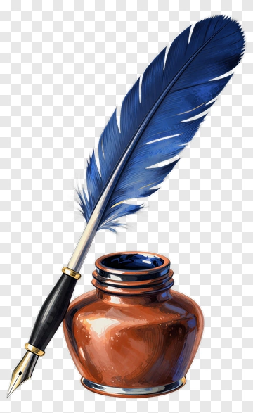 Blue Feather Quill Pen With Inkwell PNG