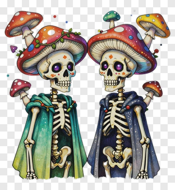 Two Skeletons With Mushroom Hats PNG