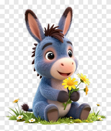 Cute Blue Donkey Holding Yellow Flowers PNG
