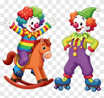 Two Clowns With Rocking Horse And Roller Skates PNG