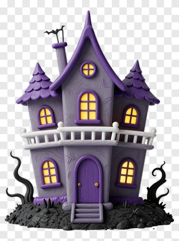 Purple Halloween House With Lit Windows PNG