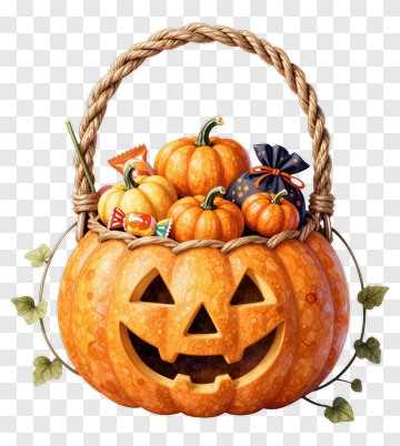 Jack-o-lantern Pumpkin Basket With Candy PNG
