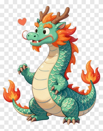 Cartoon Dragon With Fire And Heart PNG