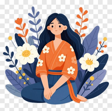 Woman In Orange Kimono With Flowers PNG