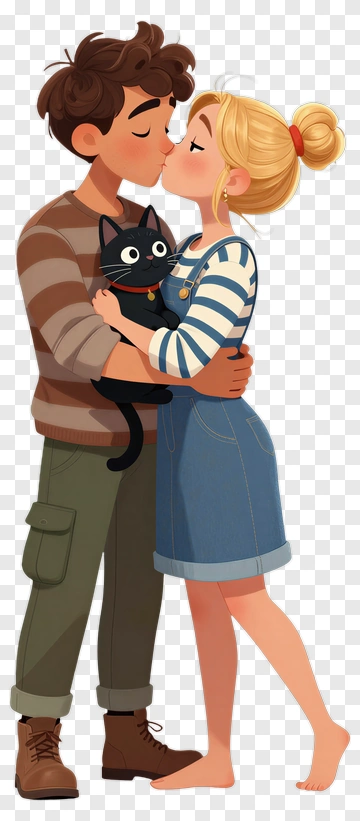 Couple Kissing With Cat In Arms PNG