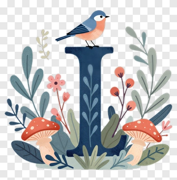 Bird Perched On Letter L With Mushrooms And Flowers PNG